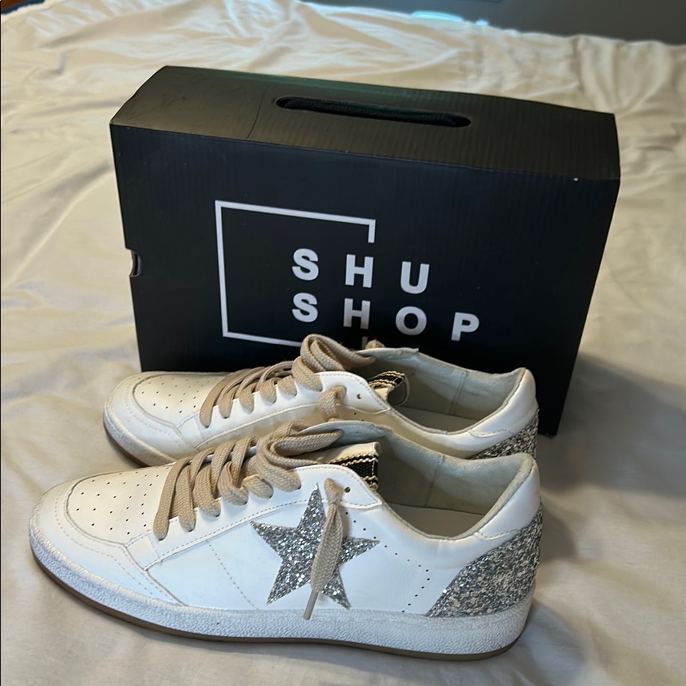 Shu Shop White Sneakers with Silver Glitter Star